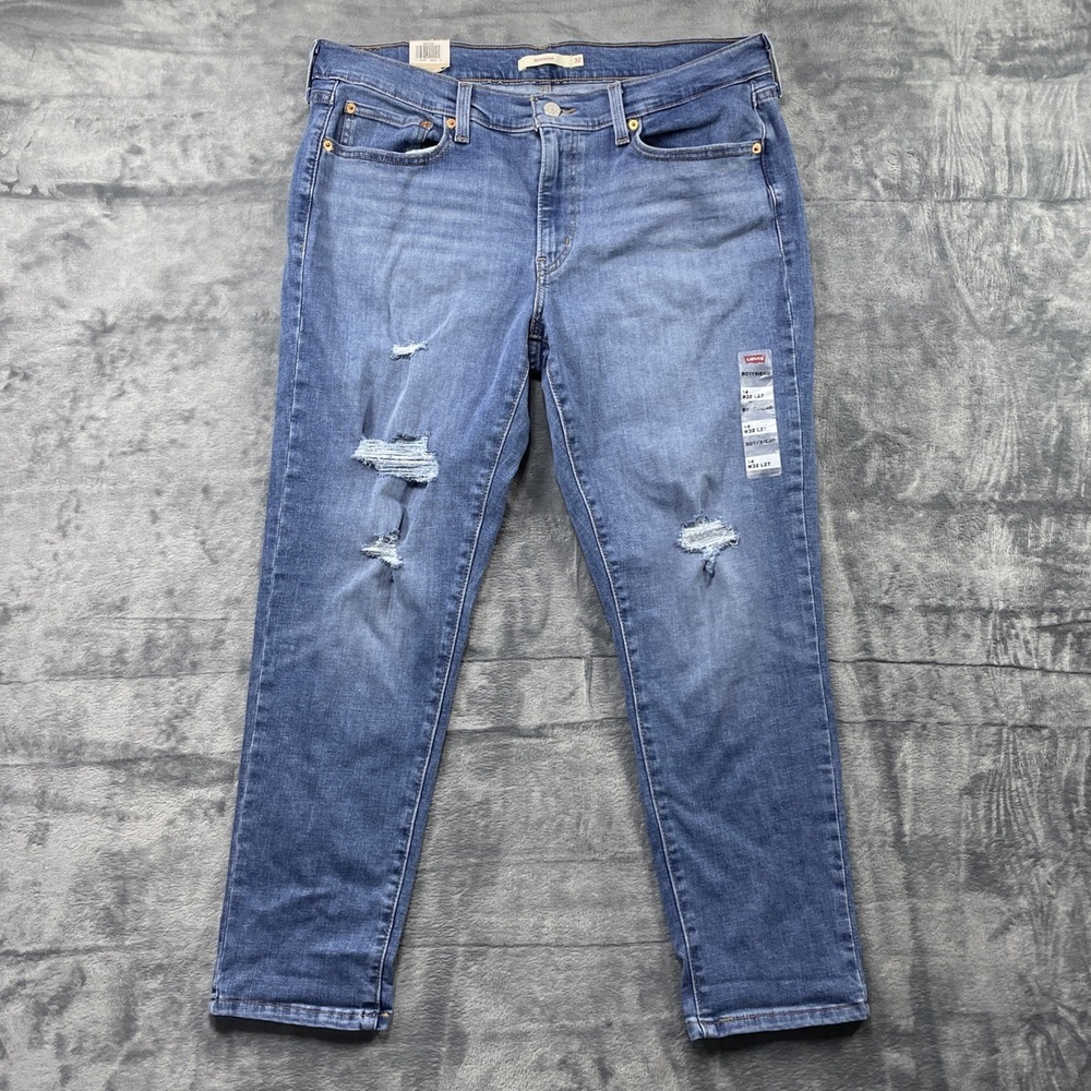 Levis Women's Sz 32x27 Mid-Rise Stretch Boyfriend Blue Distressed Jeans NWT